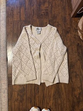 AMBRA Cream Openwork V-Neck Button Cardigan Sweater